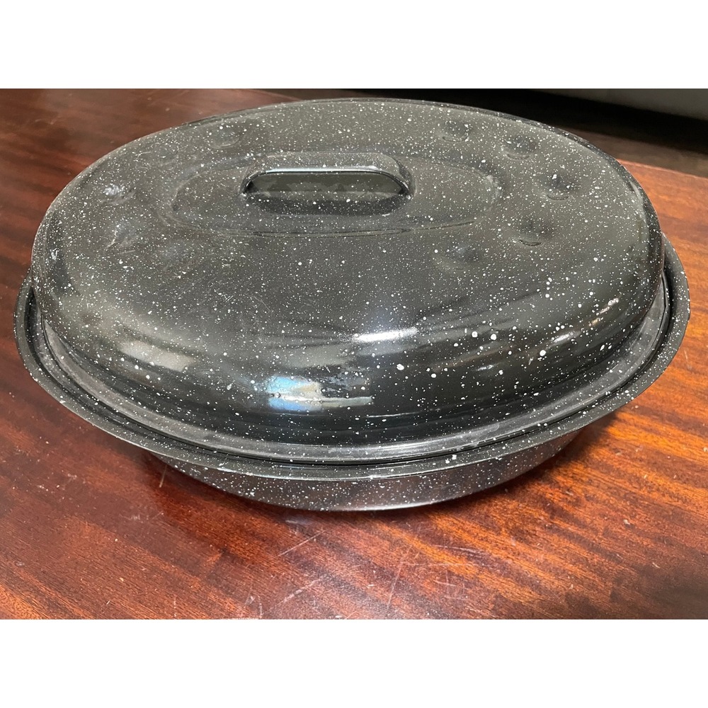 Granite Ware Black Speckled Oval Roasting Pan with Self Basting Lid 13 Inch